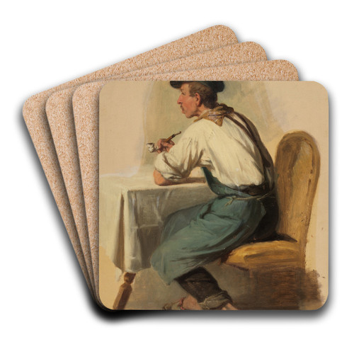 Junger Handwerker, mit Pfeife und Schirmmtze am Tisch sitzend by Johann Baptist Kirner Art Drink Coaster set