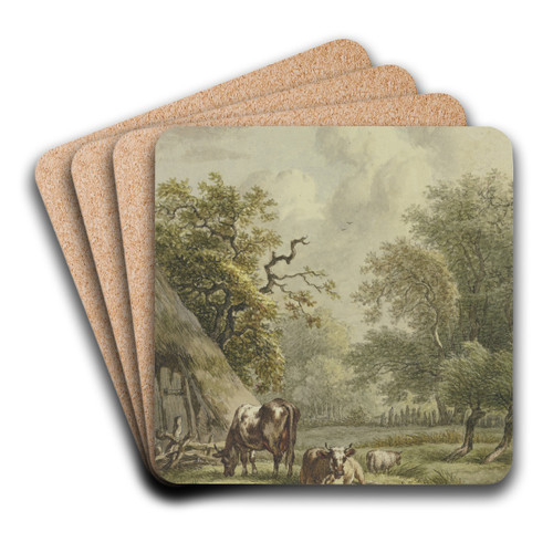 Bei einer Htte weiden zwei Khe und drei Schafe by Jan Hulswit Art Drink Coaster set