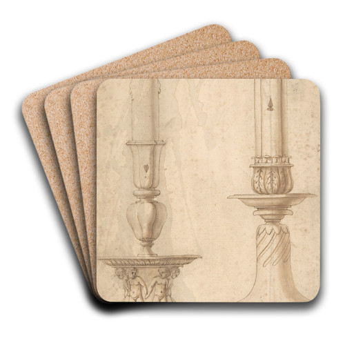 Design for Two Candlesticks with decorated Bases by Giulio Romano Art Drink Coaster set