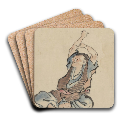 A man, facing left, wearing several layers of clothing, sitting with arms raised over his head, practicing yoga by Katsushika Hokusai Art Drink Coaster set