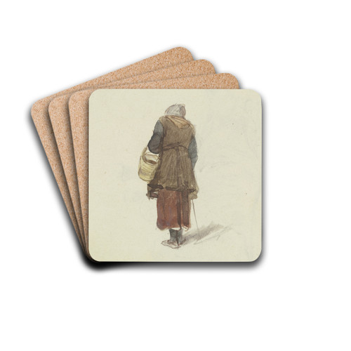 Altes Frau, einen Korb am Arm und einen Stock in der Hand von hinten gesehen by Jakob Frchtegott Dielmann Drink Coasters - set of 4