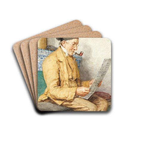 Reading Farmer Sitting By The Tiled Stove by Albert Anker Drink Coasters - set of 4