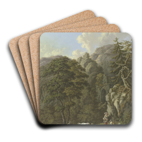 Waldige Berglandschaft mit einem alten Tor und einer Viehherde in einer Lichtung by Karl Franz Kraul Art Drink Coaster set