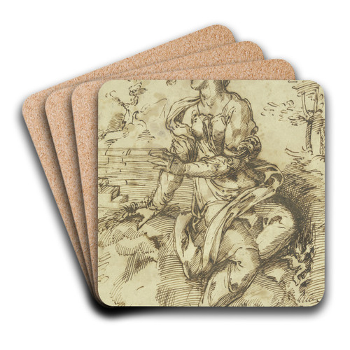 Sitzende Frau mit fliegendem Schleier in einer Landschaft nach links gewandt by Baccio Bandinelli Art Drink Coaster set Sitzende Frau mit fliegendem Schleier in einer Landschaft nach links gewandt by Baccio Bandinelli Art Drink Coaster set