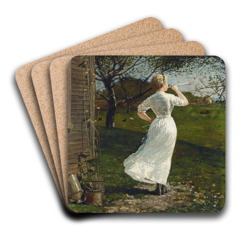 The Dinner Horn (Blowing the Horn at Seaside) by Winslow Homer Art Drink Coaster set The Dinner Horn (Blowing the Horn at Seaside) by Winslow Homer Art Drink Coaster set