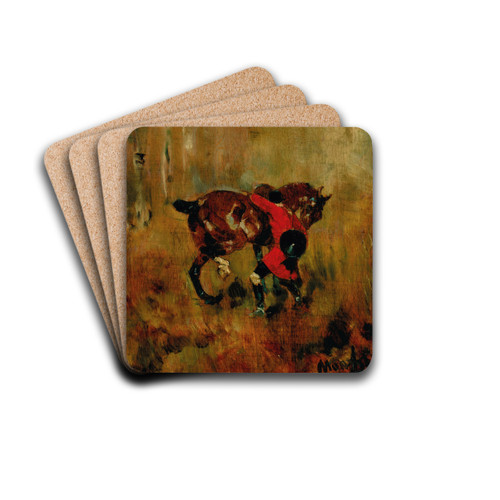Cavalier de chasse  courre ressanglant son cheval by Henri de Toulouse-Lautrec Drink Coasters - set of 4 Cavalier de chasse  courre ressanglant son cheval by Henri de Toulouse-Lautrec Drink Coasters - set of 4