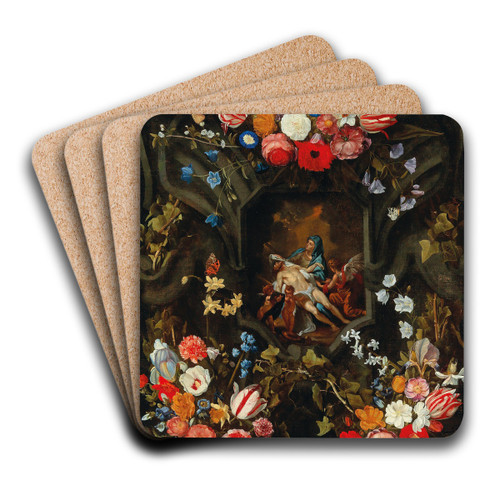 A garland of flowers surrounding a cartouche with a Piet by Jan Philips van Thielen Art Drink Coaster set