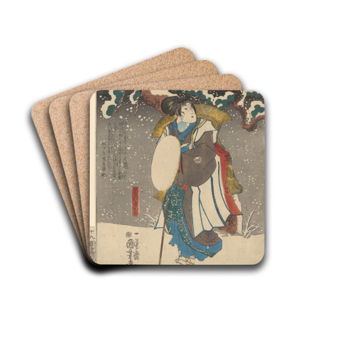 Snow Scene; Woman with Bamboo Cape by Utagawa Kuniyoshi Drink Coasters - set of 4