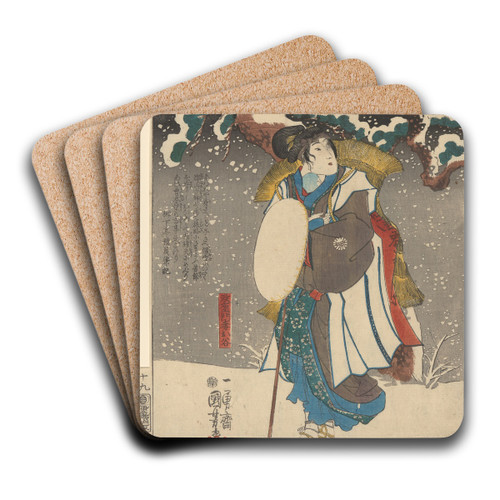 Snow Scene; Woman with Bamboo Cape by Utagawa Kuniyoshi Art Drink Coaster set