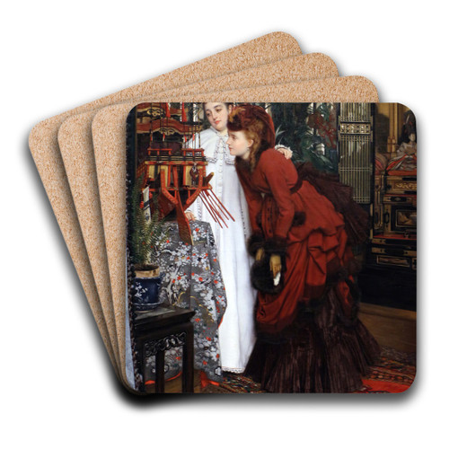 Young woman looking at Japanese items by James Tissot Art Drink Coaster set