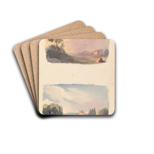 Landscape with Mountains in Distance and Seated Figures in Foreground, Landscape with River and Building, Mountains in Distance by Thomas Sully Drink Coasters - set of 4 Landscape with Mountains in Distance and Seated Figures in Foreground, Landscape with River and Building, Mountains in Distance by Thomas Sully Drink Coasters - set of 4