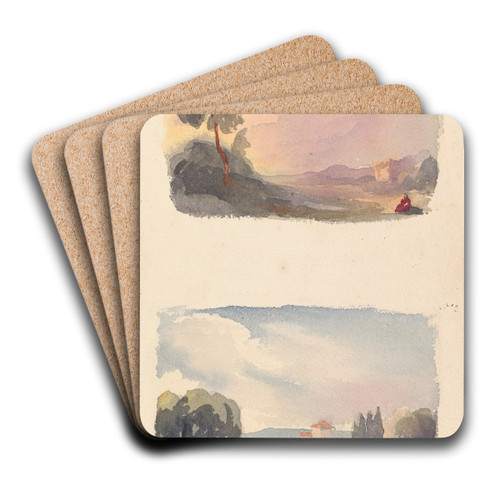Landscape with Mountains in Distance and Seated Figures in Foreground, Landscape with River and Building, Mountains in Distance by Thomas Sully Art Drink Coaster set Landscape with Mountains in Distance and Seated Figures in Foreground, Landscape with River and Building, Mountains in Distance by Thomas Sully Art Drink Coaster set