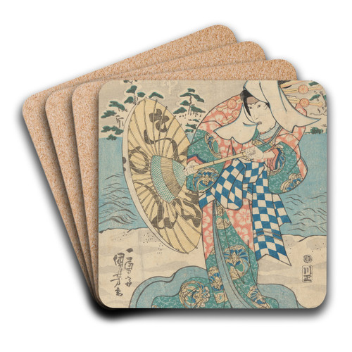 Snow Scene; Female Figure (in flowing blue, green, and pink robe) by Utagawa Kuniyoshi Art Drink Coaster set