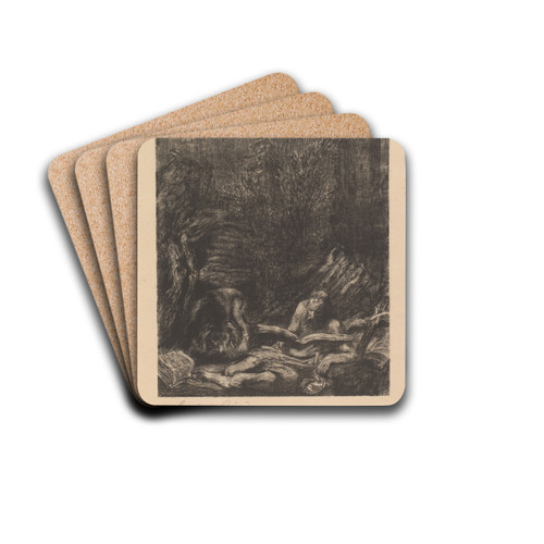 Landschap met leeuw en de heilige Hieronymus met boek by Henri de Groux Drink Coasters - set of 4 Landschap met leeuw en de heilige Hieronymus met boek by Henri de Groux Drink Coasters - set of 4
