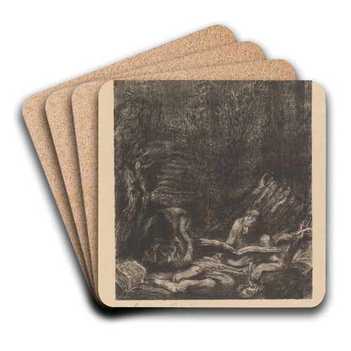 Landschap met leeuw en de heilige Hieronymus met boek by Henri de Groux Art Drink Coaster set Landschap met leeuw en de heilige Hieronymus met boek by Henri de Groux Art Drink Coaster set