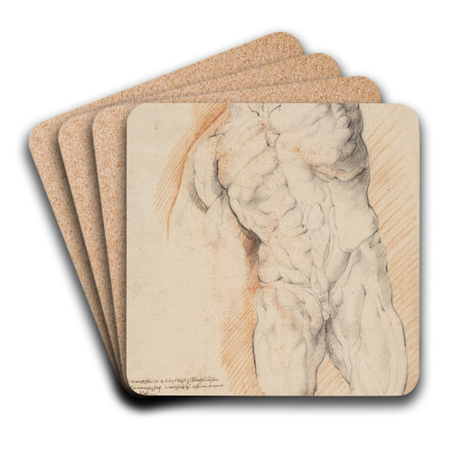 Anatomical Study (corch). Front view of standing flayed man, his left arm raised by Willem Panneels Art Drink Coaster set Anatomical Study (corch). Front view of standing flayed man, his left arm raised by Willem Panneels Art Drink Coaster set
