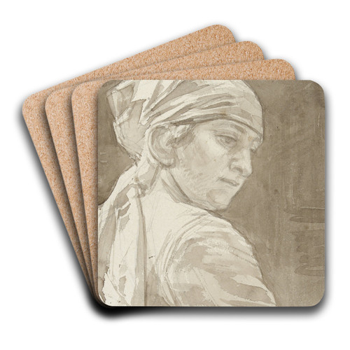 Vrouw met hoofddoek, naar rechts omkijkend by August Alleb Art Drink Coaster set