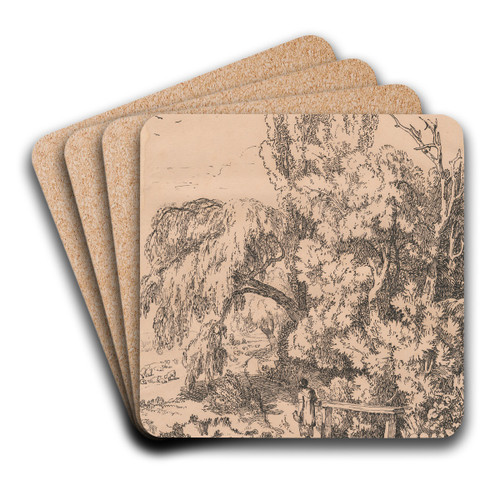 Landscape with Trees, Girl Crossing Footbridge by William Havell Art Drink Coaster set