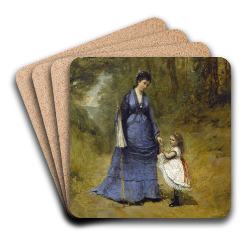 Madame Stumpf and Her Daughter by Jean-Baptiste-Camille Corot Art Drink Coaster set