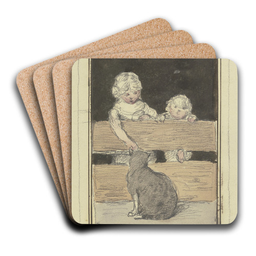 Zwei Kinder am Zaun mit einer Katze by Otto Scholderer Art Drink Coaster set
