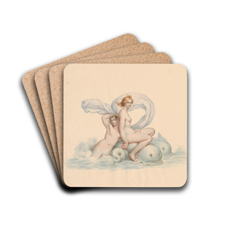 Twee nimfen op dolfijnen gezeten by David Humbert de Superville Drink Coasters - set of 4 Twee nimfen op dolfijnen gezeten by David Humbert de Superville Drink Coasters - set of 4