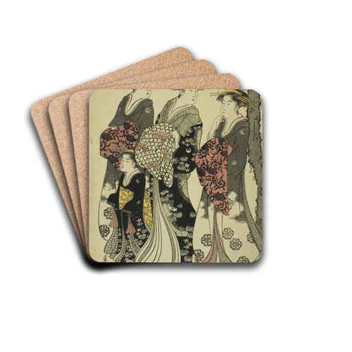 Komurasaki of the Kadotamaya with Attendants Hatsune and Shirabe by Chbunsai Eishi Drink Coasters - set of 4