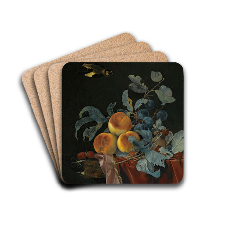 A Still Life With Peaches, Raspberries And Damsons On A Partially Covered Marble Ledge, A Bird Flying Above by Willem van Aelst Drink Coasters - set of 4 A Still Life With Peaches, Raspberries And Damsons On A Partially Covered Marble Ledge, A Bird Flying Above by Willem van Aelst Drink Coasters - set of 4