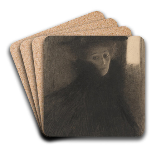 Portrait of a Lady with Cape and Hat by Gustav Klimt Art Drink Coaster set
