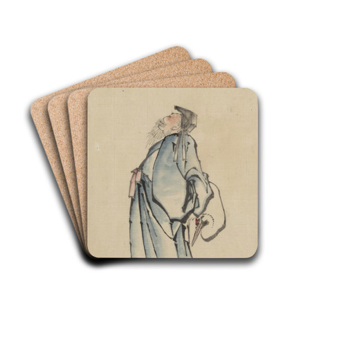 Fukurokuju, the god of wisdom, wealth, long life, and happiness, one of the seven lucky gods by Katsushika Hokusai Drink Coasters - set of 4