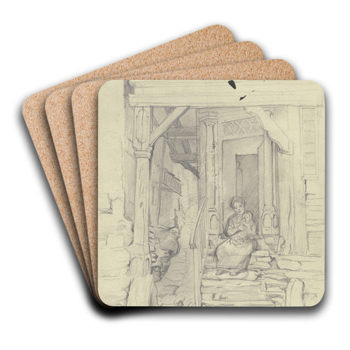 Fachwerkhaus, davor Mutter und Kind, auf einer Treppe sitzend by Otto Scholderer Art Drink Coaster set Fachwerkhaus, davor Mutter und Kind, auf einer Treppe sitzend by Otto Scholderer Art Drink Coaster set