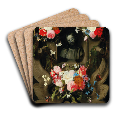 A garland of flowers surrounding a cartouche with a bust of Christ by Jan Philips van Thielen Art Drink Coaster set