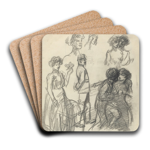 Sketches for 'Lovers on a Bench' by Thophile Alexandre Steinlen Art Drink Coaster set