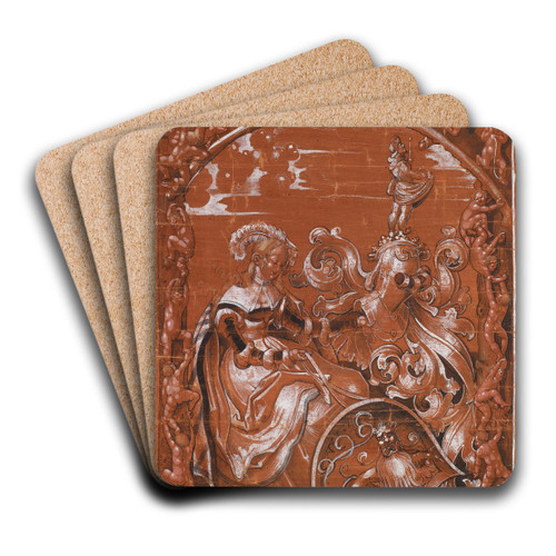 Scheibenriss mit sitzender Schildhalterin und Lwenwappen by Niklaus Manuel Art Drink Coaster set