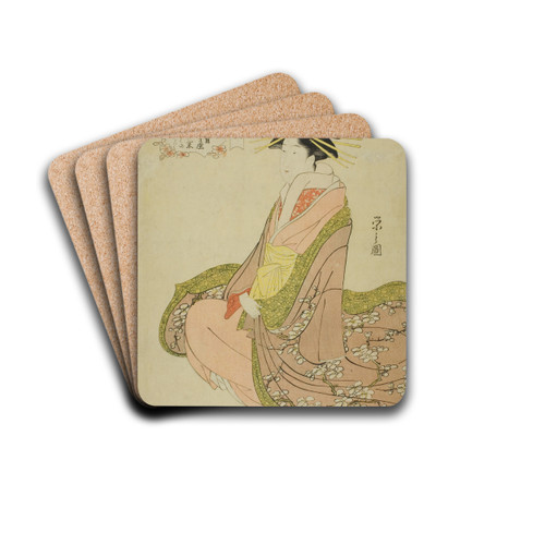 New Clothes for the Festival of New Herbs (Wakana no hatsuisho); Tamagiku of the Kadotamaya with Attendants Kikuno and Kikuji by Chbunsai Eishi Drink Coasters - set of 4