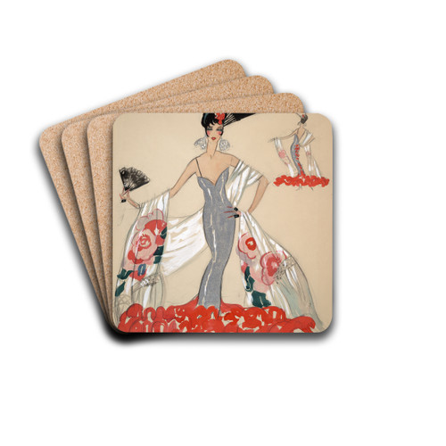 Elegant woman in silver dress holding a fan by John Held, Jr. Drink Coasters - set of 4