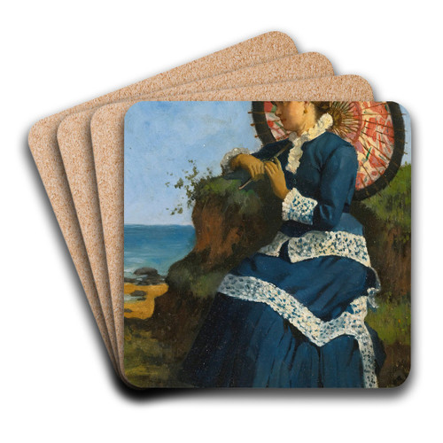 Anelegant lady by the shore with a pink parasol by Albert-Auguste Fouri Art Drink Coaster set Anelegant lady by the shore with a pink parasol by Albert-Auguste Fouri Art Drink Coaster set