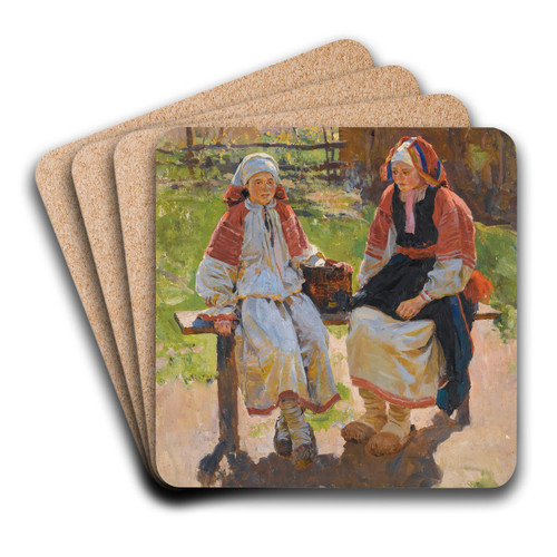 Two Peasant Girls by Sergei Arsenevich Vinogradov Art Drink Coaster set