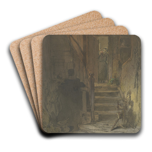 Vorplatz eines Bauernhauses, rechts ein Spinnrad, links zwei streitende Katzen by Anton Burger Art Drink Coaster set