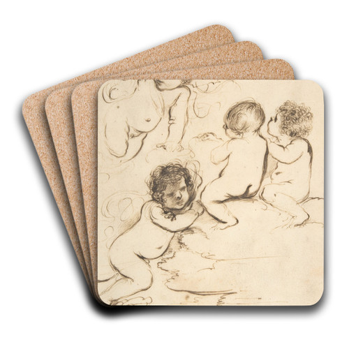 Four Putti with Bow and Arrows on Clouds above a Landscape with a Tower by Guercino Art Drink Coaster set Four Putti with Bow and Arrows on Clouds above a Landscape with a Tower by Guercino Art Drink Coaster set