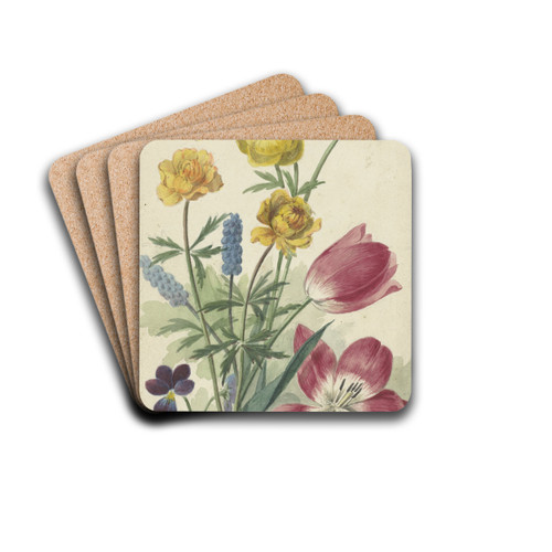 Boeket van tulpen, viooltjes, blauwe druifjes en dotters by Willem van Leen Drink Coasters - set of 4 Boeket van tulpen, viooltjes, blauwe druifjes en dotters by Willem van Leen Drink Coasters - set of 4