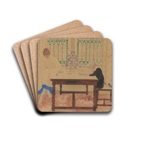 Vrouw met kind lezend aan tafel by Lon Spilliaert Drink Coasters - set of 4 Vrouw met kind lezend aan tafel by Lon Spilliaert Drink Coasters - set of 4