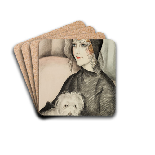Ung dame med sort klokkehat og lille hvid skdehund by Gerda Wegener Drink Coasters - set of 4