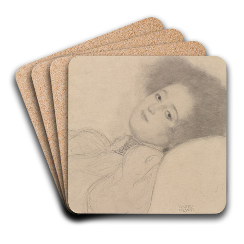 Portrait of a Young Woman Reclining by Gustav Klimt Art Drink Coaster set