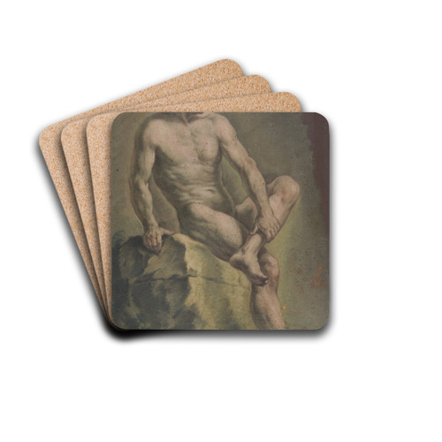 Akt eines auf einem Stein sitzenden Mannes, nach rechts blickend by Josef Neher Drink Coasters - set of 4 Akt eines auf einem Stein sitzenden Mannes, nach rechts blickend by Josef Neher Drink Coasters - set of 4
