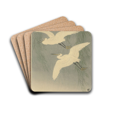 Little Egrets in flight by Ohara Koson Drink Coasters - set of 4