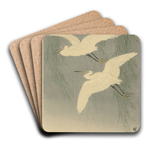 Little Egrets in flight by Ohara Koson Art Drink Coaster set