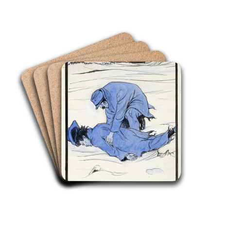 Joost ligt bewusteloos in de sneeuw by Anny Leusink Drink Coasters - set of 4 Joost ligt bewusteloos in de sneeuw by Anny Leusink Drink Coasters - set of 4