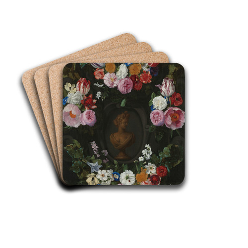 Cartouche Decorated with Swags and Sprays of Flowers by Jan Philips van Thielen Drink Coasters - set of 4