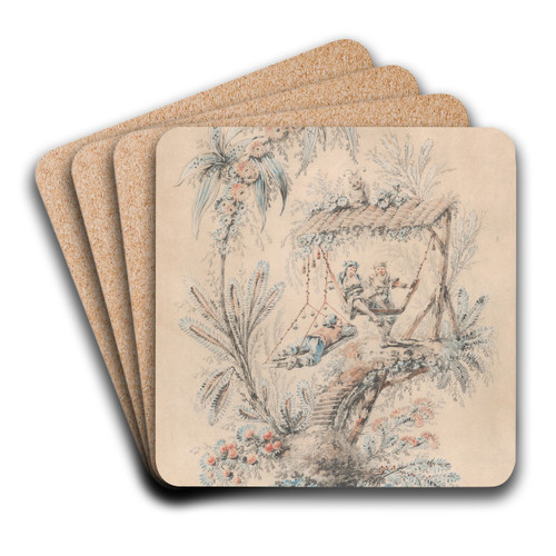 Decorative Fantasy with Exotic Figures in a Tree House by Jean-Baptiste Pillement Art Drink Coaster set