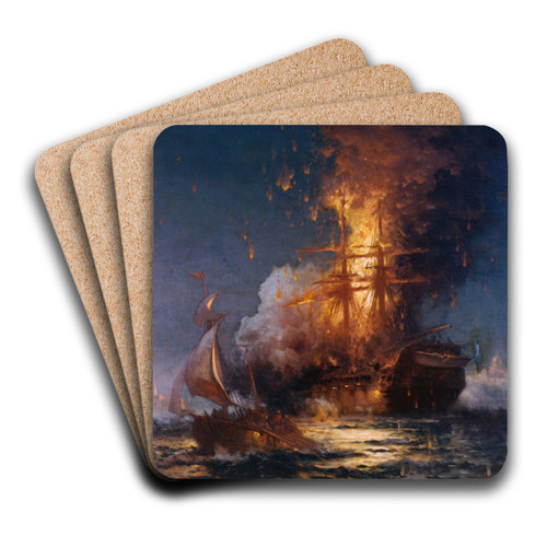Burning of the Frigate Philadelphia in the Harbor of Tripoli by Edward Moran Art Drink Coaster set
